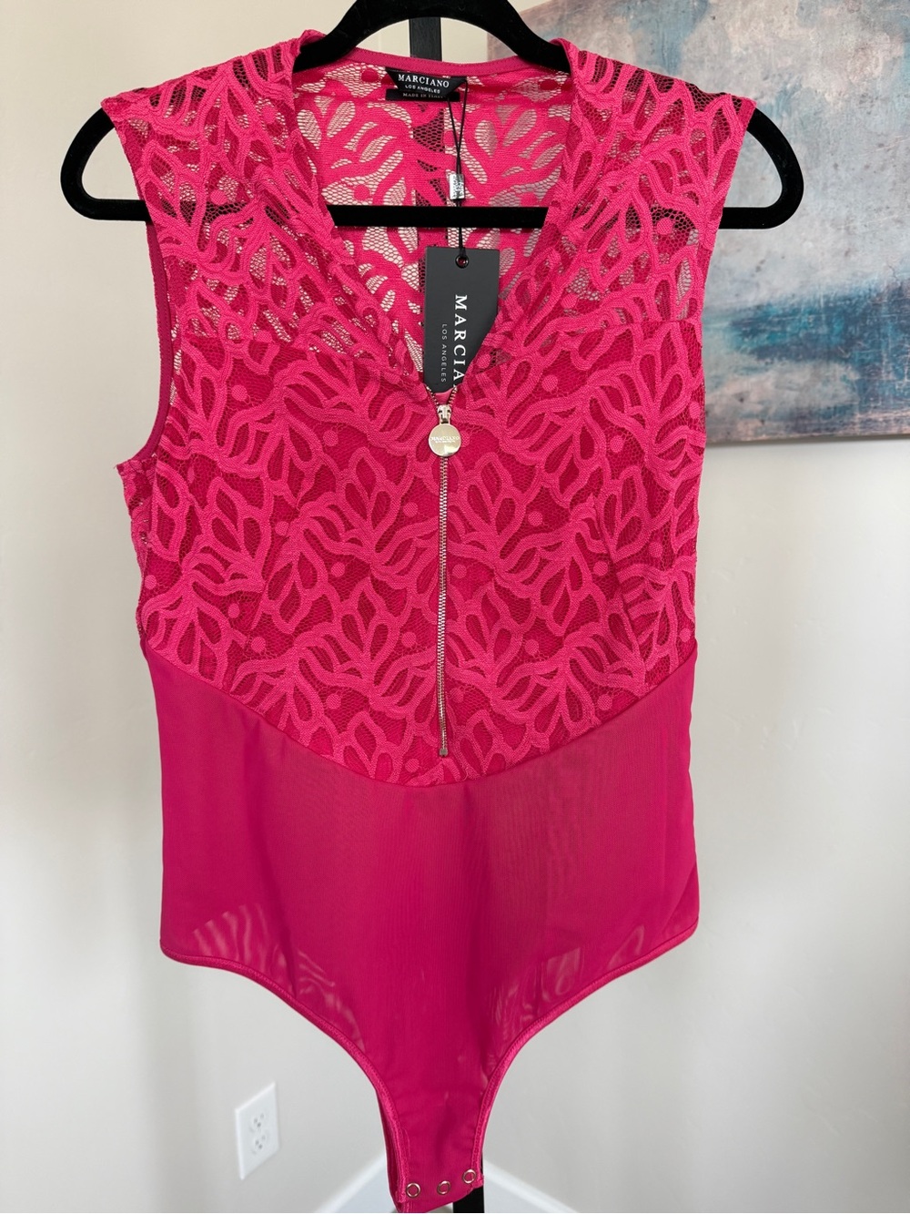 New Marciano Los Angeles Womens 8 44 Hot Pink Lace Zip Bodysuit Italy Guess NWT